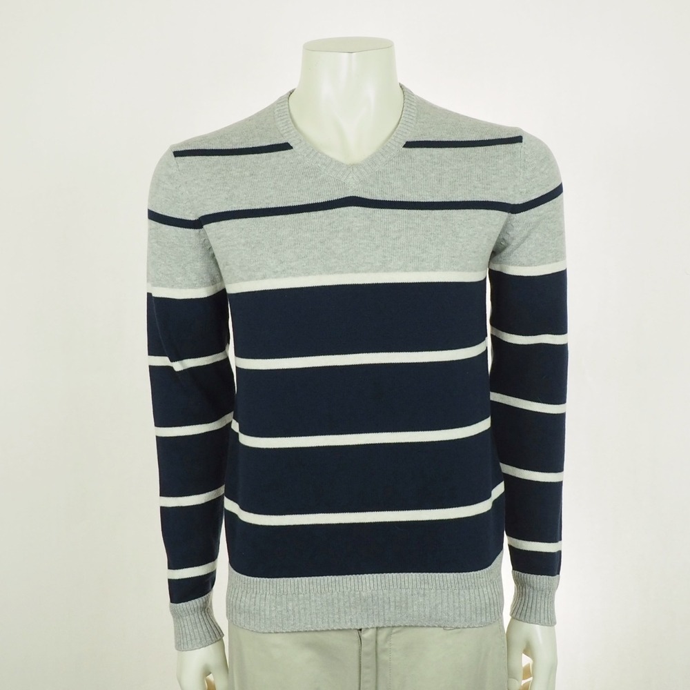 New Levi's Levis V-Neck Pullover Sweater Mens Small Gray Striped Cotton Slim Fit